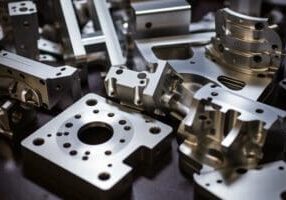 Machined aluminum parts with CNC milling &amp; anodizing for metal industry. Generative AI